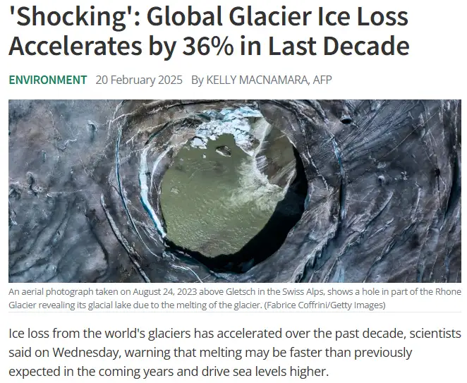 An aerial photo shows a large, circular hole in a glacier, revealing a greenish meltwater lake beneath. The image is…