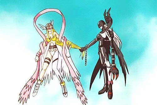 A six-panel comic strip from the anime Digimon, showing the characters Angewomon and Myotismon. The first panel shows them…