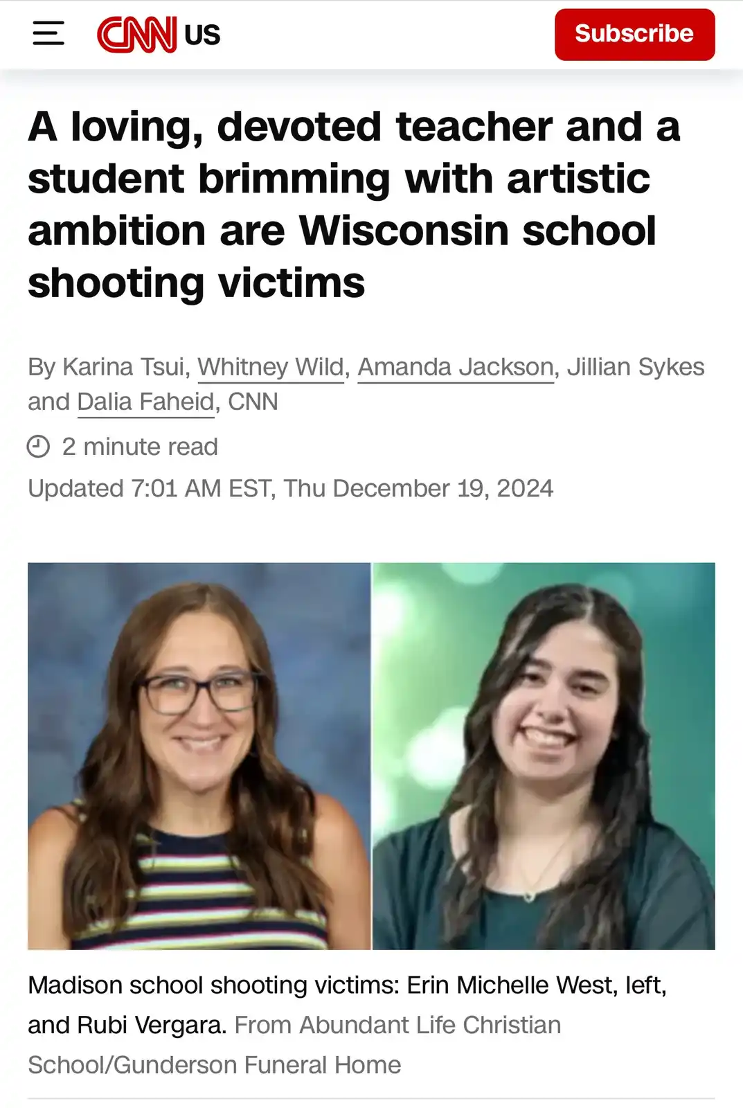A screenshot of a CNN US news article shows two smiling women side-by-side, identified as victims of a school shooting. The…