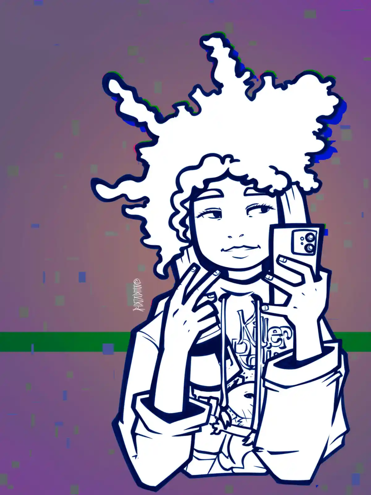 A stylized line-art illustration of a person with large, voluminous curly hair taking a selfie with a smartphone. They are…