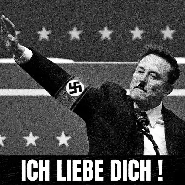 A black-and-white image shows a man resembling Elon Musk with a mustache, raising his right arm in a Nazi salute. He wears a…