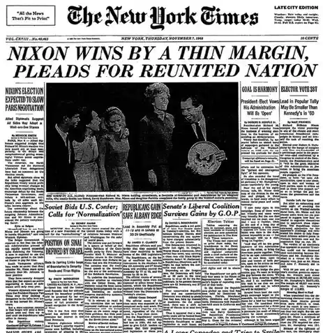 A black-and-white newspaper front page from The New York Times dated November 7, 1968, features a large headline declaring…