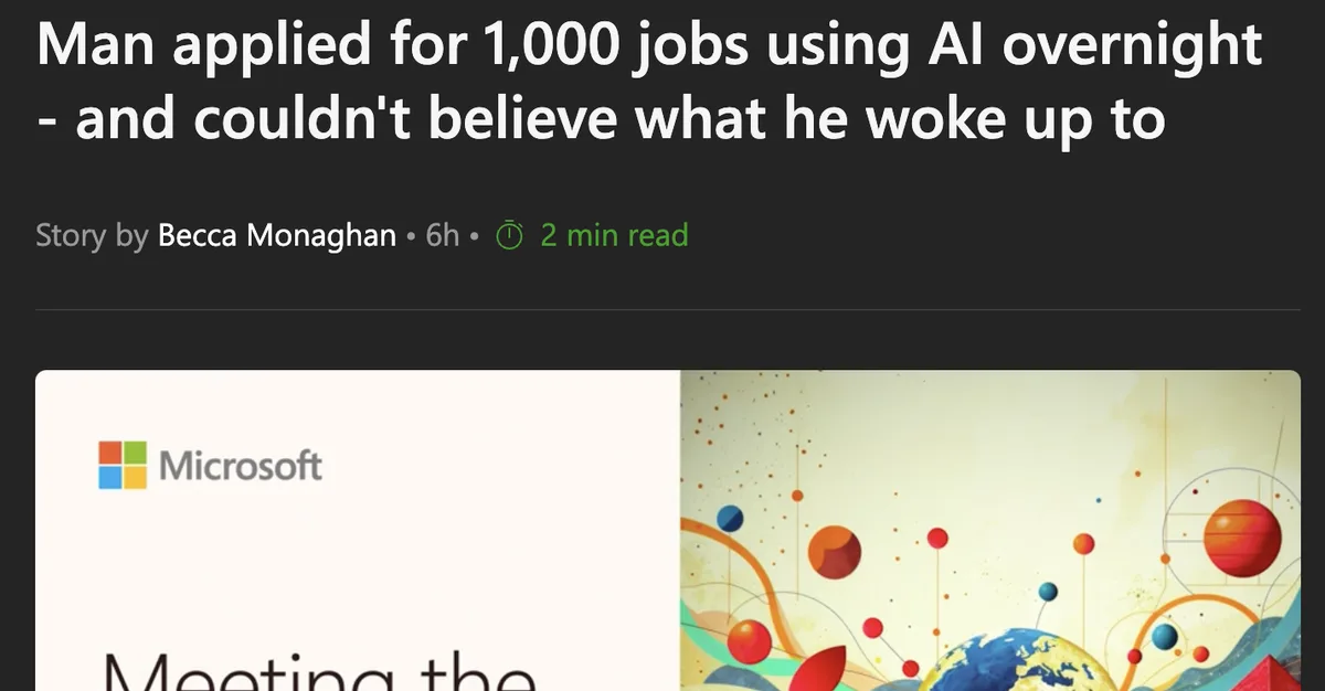 The image shows a news article header with the headline 'Man applied for 1,000 jobs using AI overnight - and couldn't…