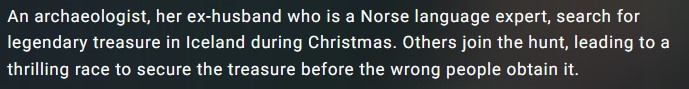 A dark gray background with white text describing a fictional adventure involving an archaeologist, her ex-husband who is a…