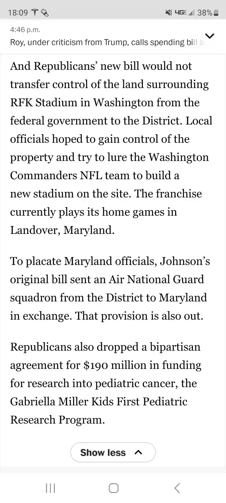 A screenshot of a news article snippet on a mobile phone, showing text about Republicans' bill not transferring land around…