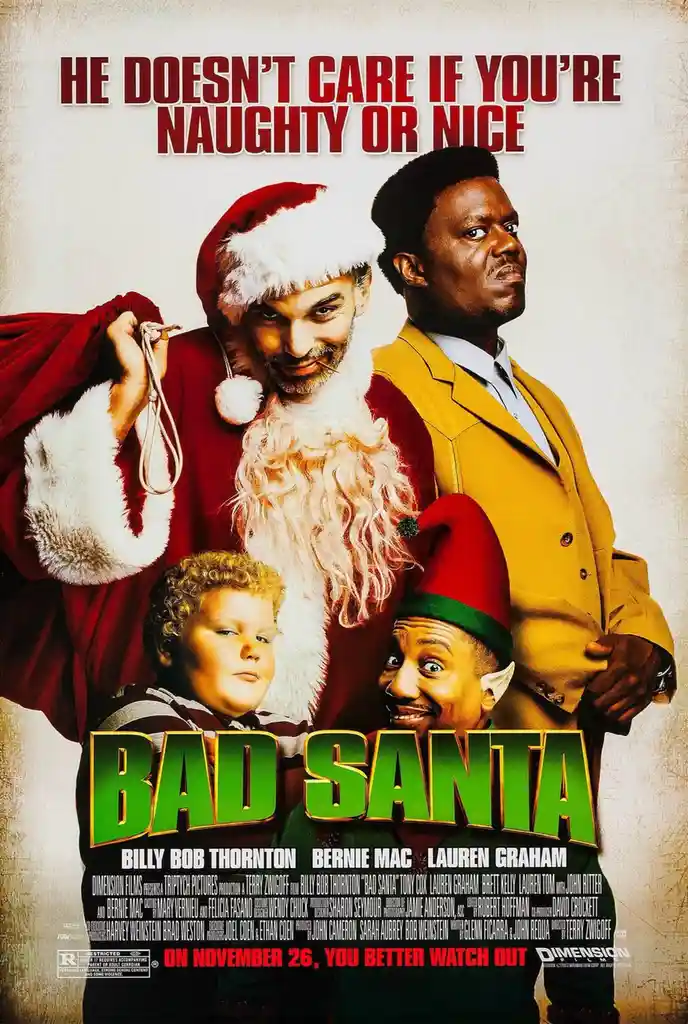 A movie poster for 'Bad Santa' shows four characters: a man in a Santa suit holding a sack with a noose, a man in a yellow…