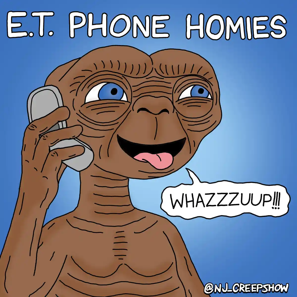 A cartoon drawing of the alien E.T. from the movie, holding an old-style silver flip phone to his ear with a wide, goofy…
