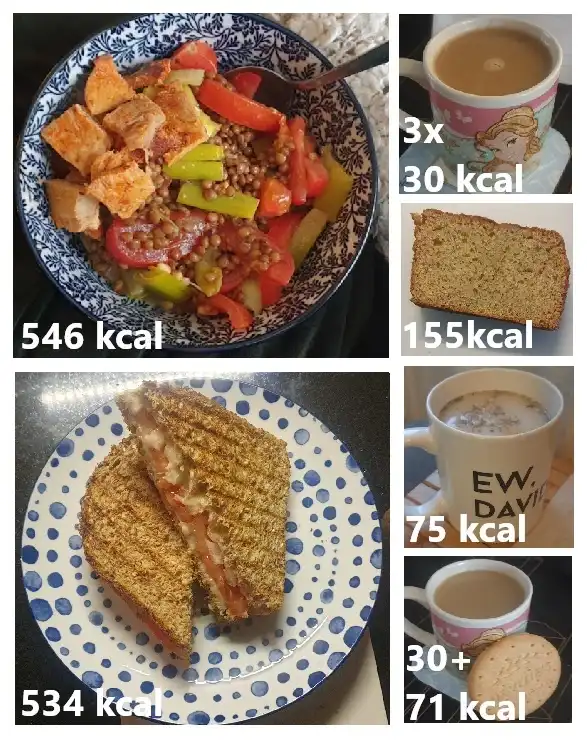 A collage of six food items with their calorie counts labeled: a bowl of salad (546 kcal), three small coffee portions (3x…