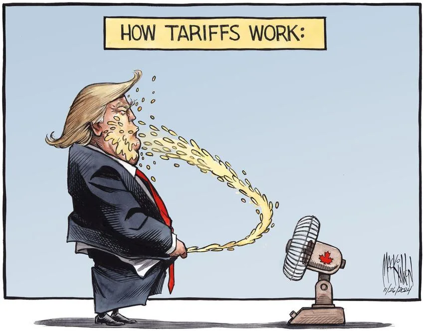 A cartoon depicts a caricature of Donald Trump blowing a stream of yellow coins from his mouth toward a small fan with a…