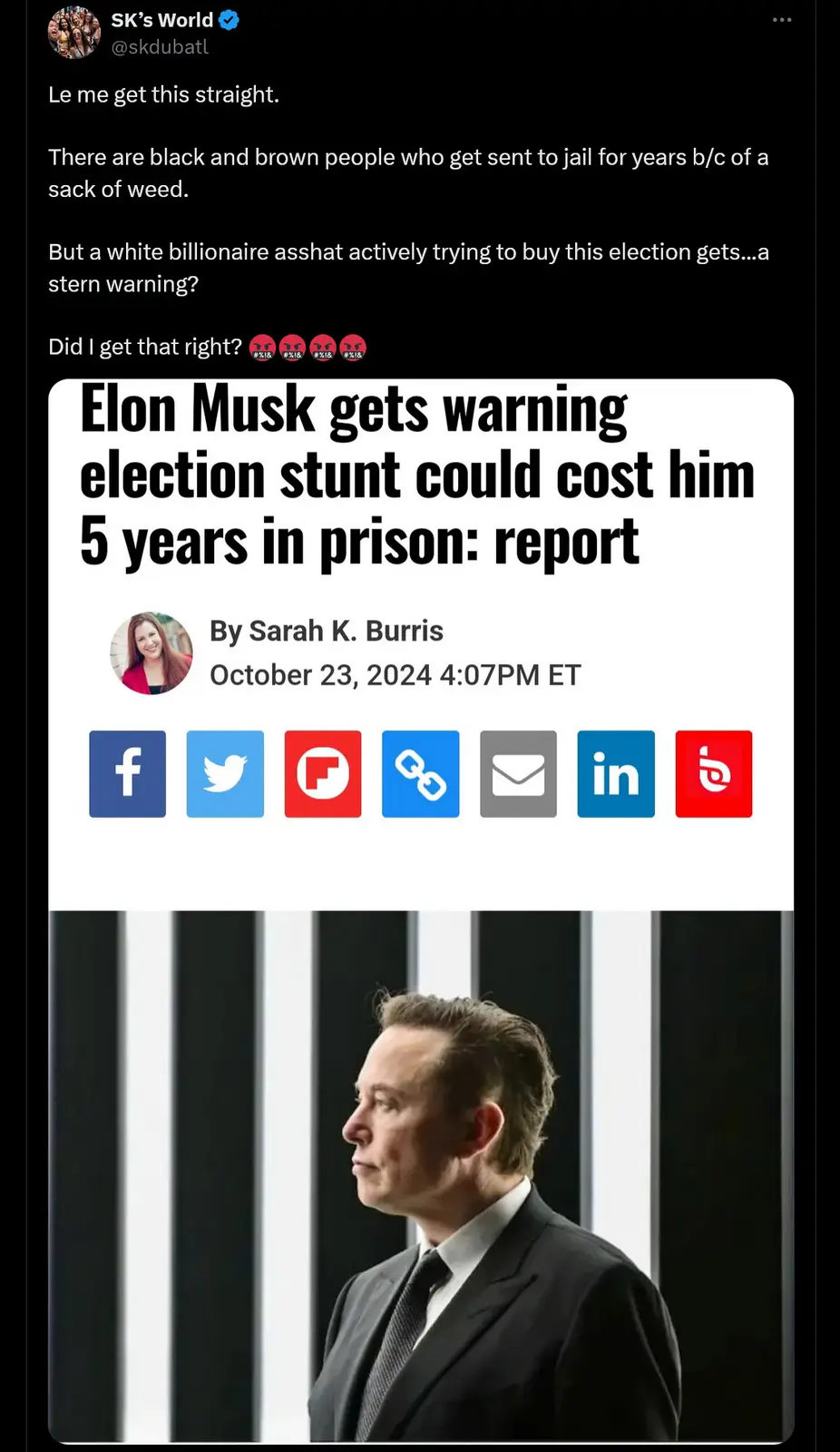 A screenshot of a tweet by 'SK's World' questioning the disparity in legal consequences, juxtaposed with a news headline…