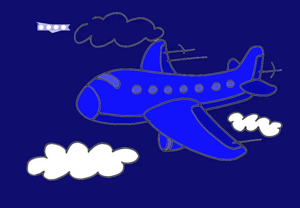 A simple cartoon drawing shows a blue airplane flying through a dark blue sky with white clouds. A small white airplane with…