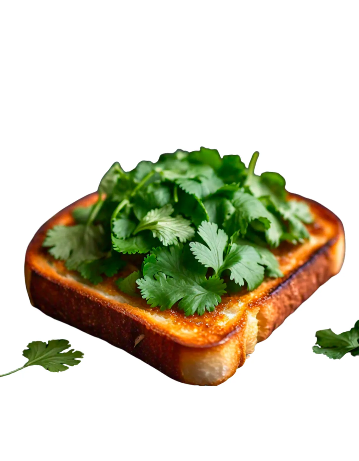 A single slice of golden-brown toasted bread is shown against a black background, generously topped with a large…