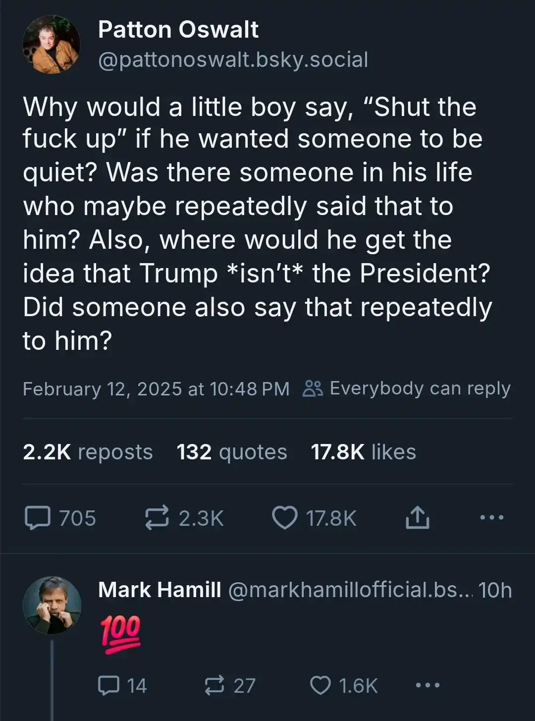 A screenshot of a social media post by Patton Oswalt asking why a child would say 'Shut the fuck up' to demand quiet and…