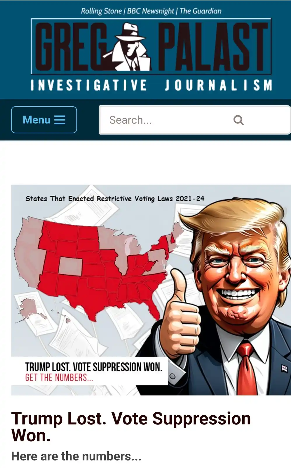 The image shows a cartoon of Donald Trump giving a thumbs-up next to a map of the U.S. with many states highlighted in red…