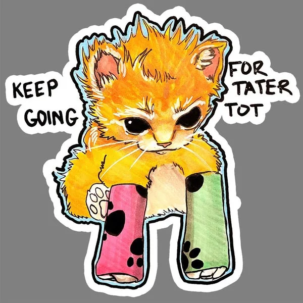 A cartoon illustration of a fluffy orange kitten wearing mismatched, spotted leg warmers—one pink and one green—while…