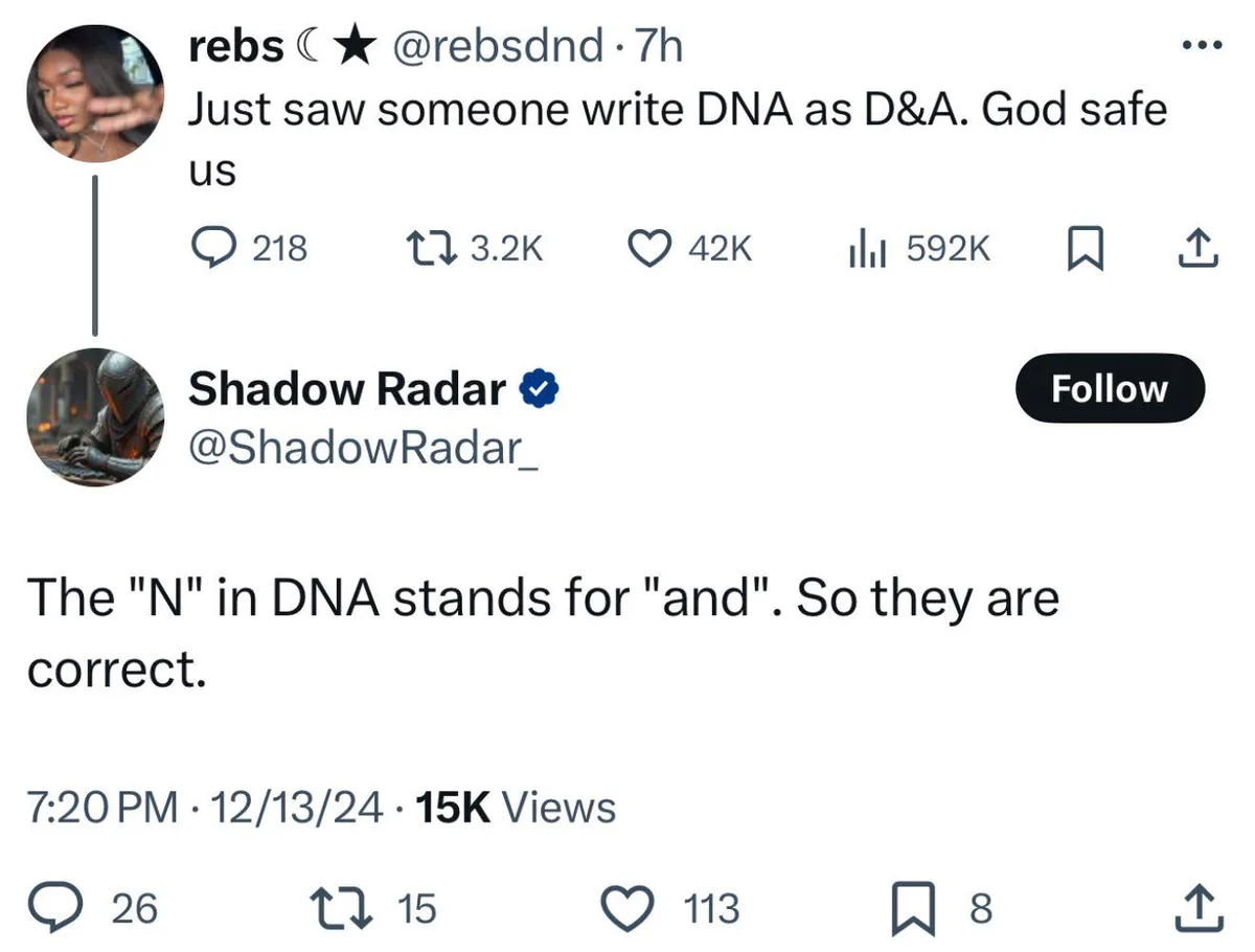 A screenshot of a Twitter thread shows user 'rebs' reacting with shock to someone writing 'DNA' as 'D&A', calling for divine…