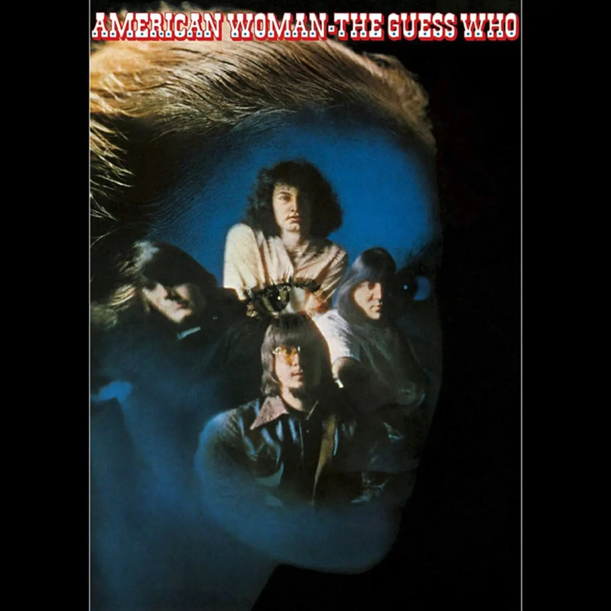 The image is the iconic album cover for 'American Woman' by The Guess Who, featuring a large, stylized close-up of a man's…