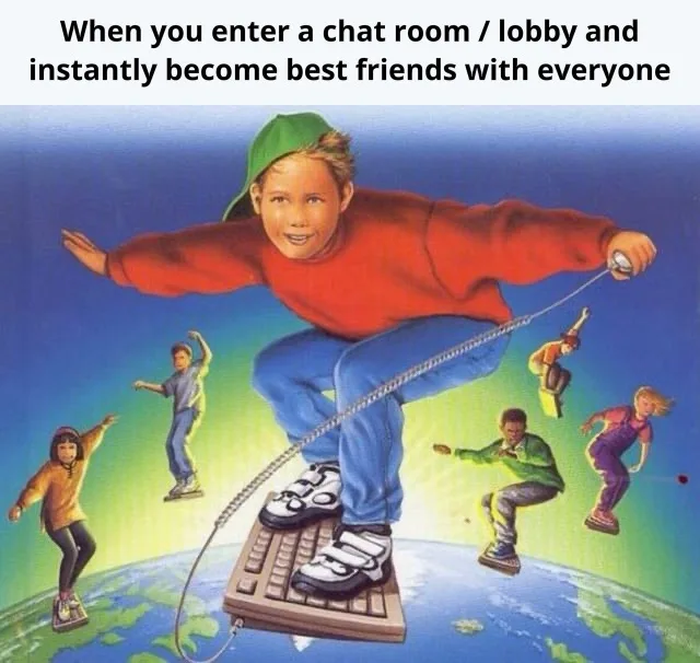 A young boy in a red sweater and green cap stands triumphantly on a giant computer keyboard, his feet strapped to it. He is…
