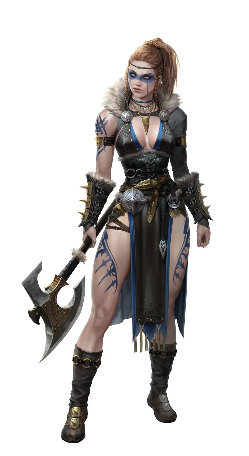 A full-body illustration of a female warrior with blonde hair in a ponytail, blue face paint, and tattoos, wearing dark…