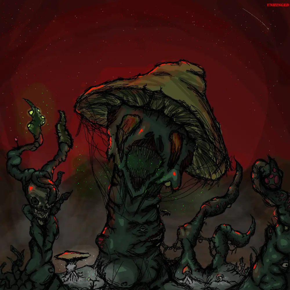 A dark, sketchy digital illustration depicts a monstrous, mushroom-headed creature with glowing green eyes and sharp teeth…