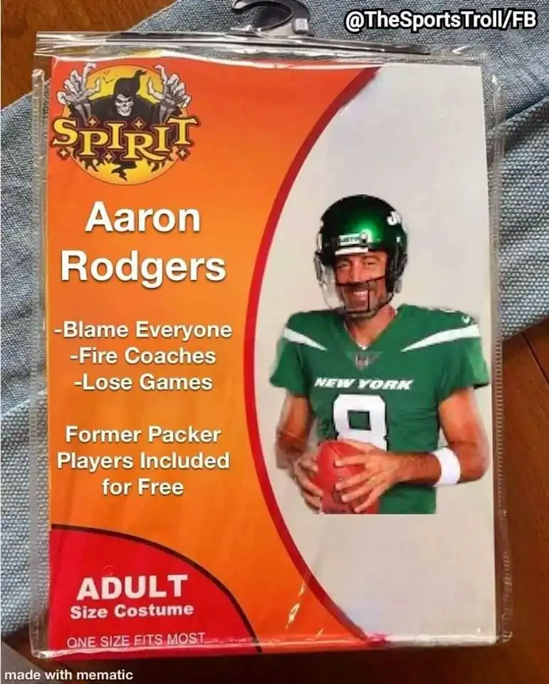 An image of a Spirit Halloween costume package for Aaron Rodgers, featuring a photo of him in a green New York jersey…