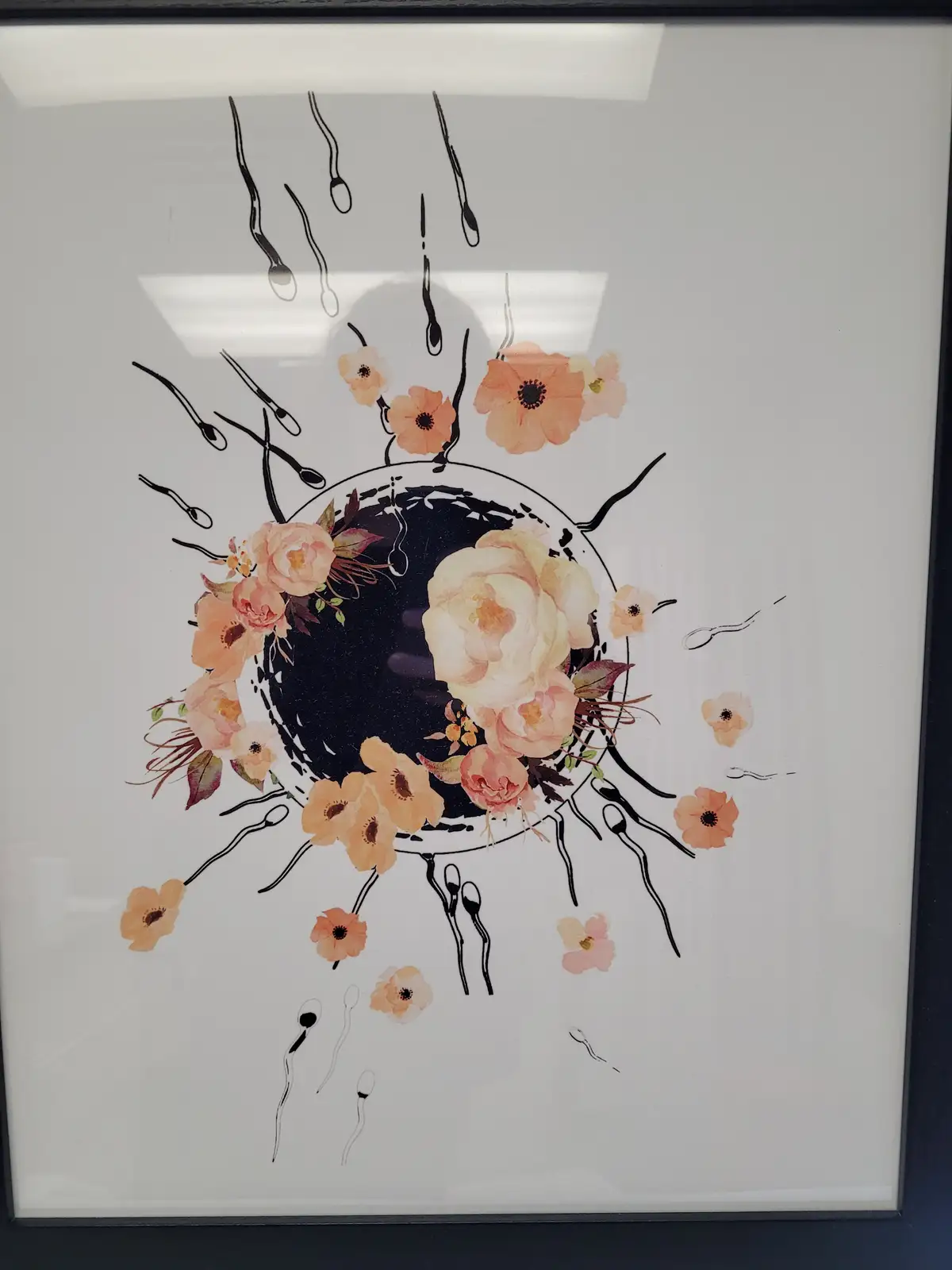 A framed artwork depicts a black circular egg cell surrounded by delicate peach and cream-colored watercolor flowers, with…