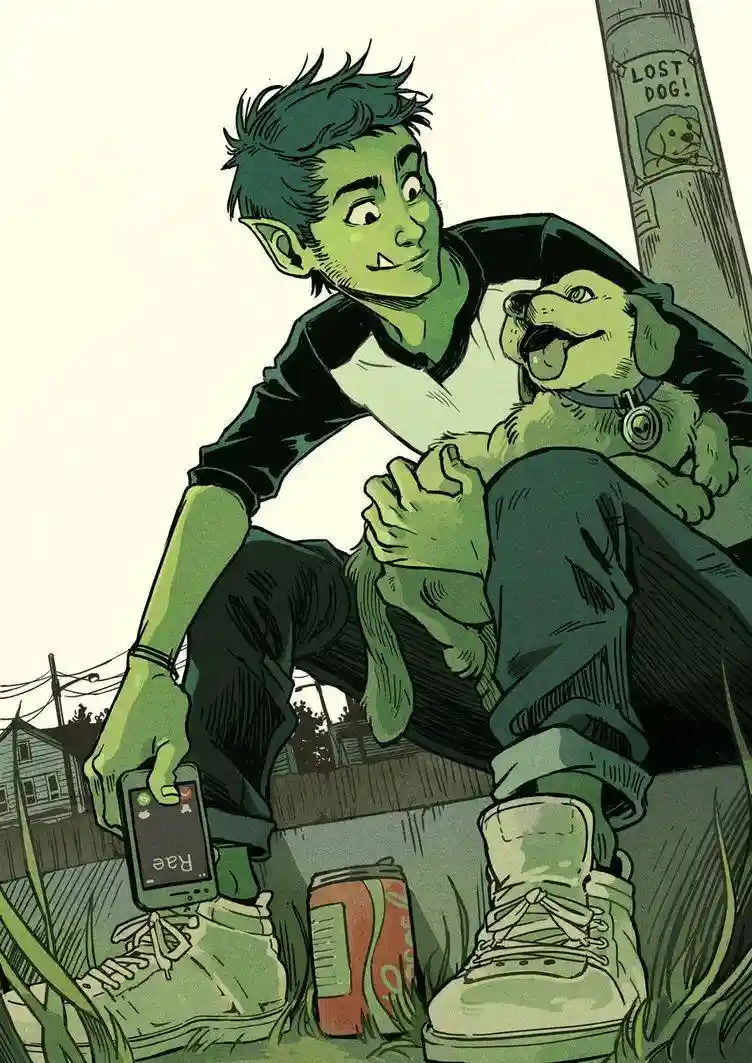 A green-skinned, elf-eared young man with fangs sits on a ledge holding a happy, green dog. He looks at his phone, which…