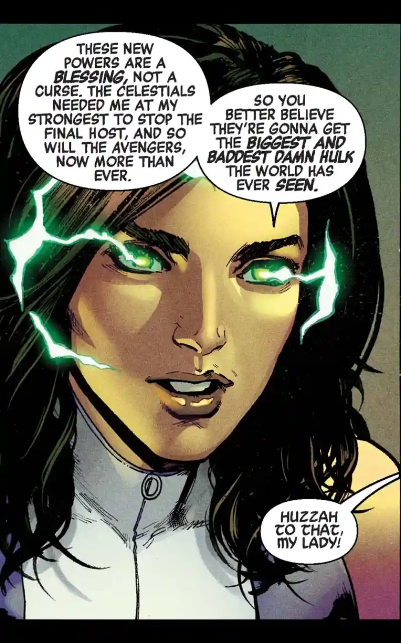 A comic book panel shows a woman with glowing green eyes and lightning crackling around her face. Three speech bubbles…