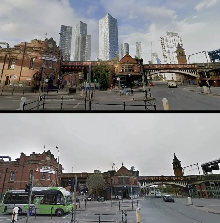 The image is split into two panels showing the same urban street scene. The top panel shows a view with several modern…