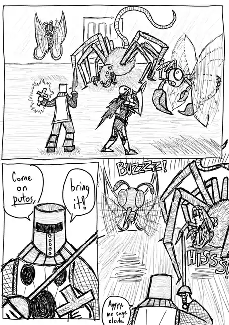 A black-and-white comic strip shows two armored figures facing giant insect-like monsters. One figure holds a cross, the…