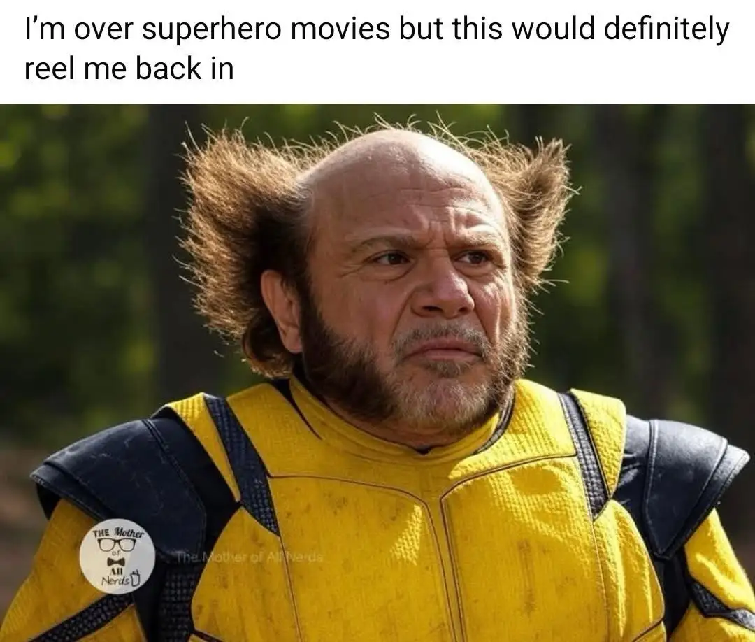 A man with a bald head and wild hair sticking up on the sides, wearing a yellow and black superhero costume, looks skeptical…