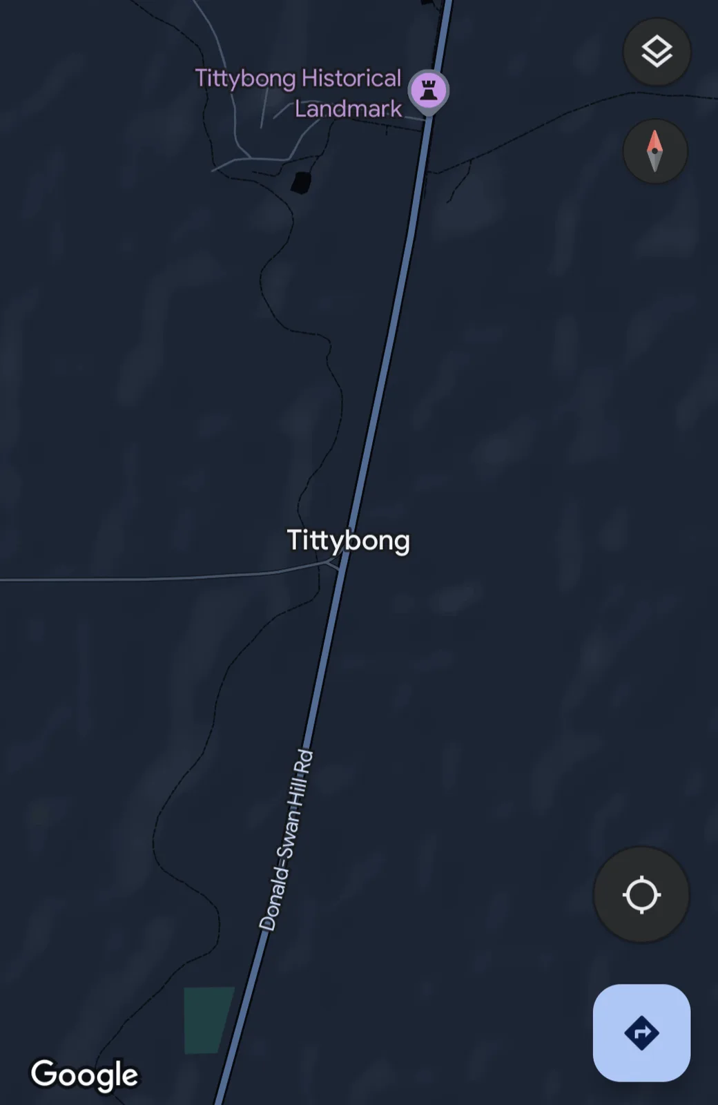 A Google Maps screenshot showing a location named 'Tittybong' with a purple historical landmark pin labeled 'Tittybong…