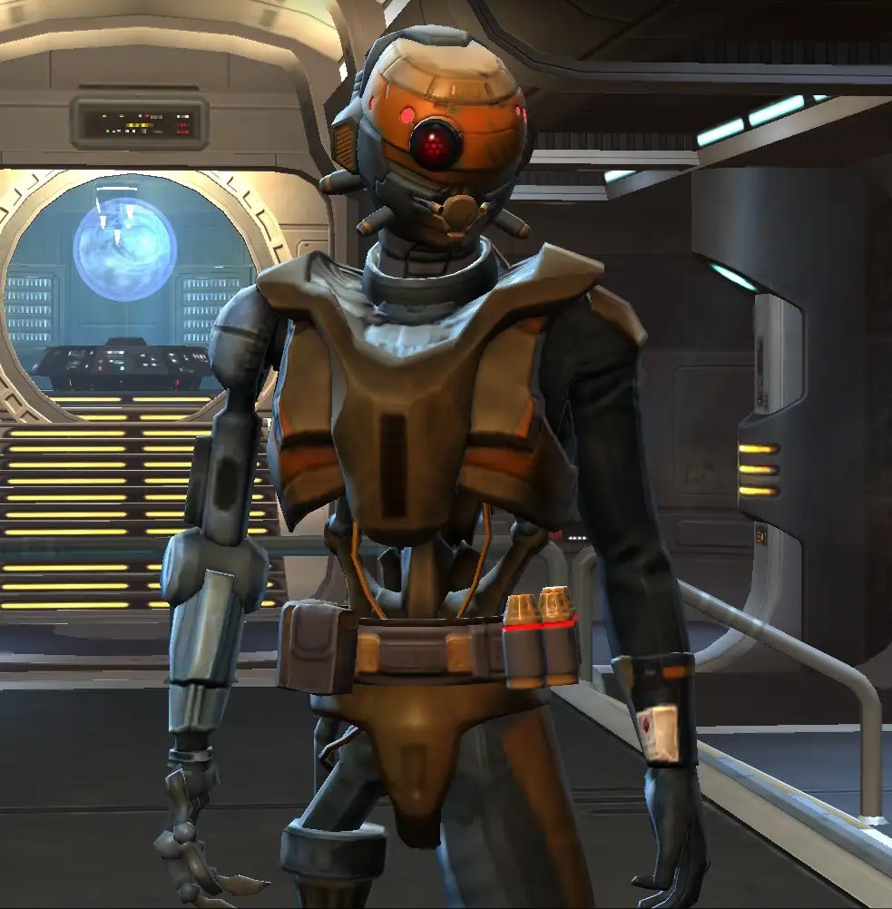 A humanoid robot with an orange helmet and red eye, standing in a sci-fi spaceship corridor. It wears a brown and gray…