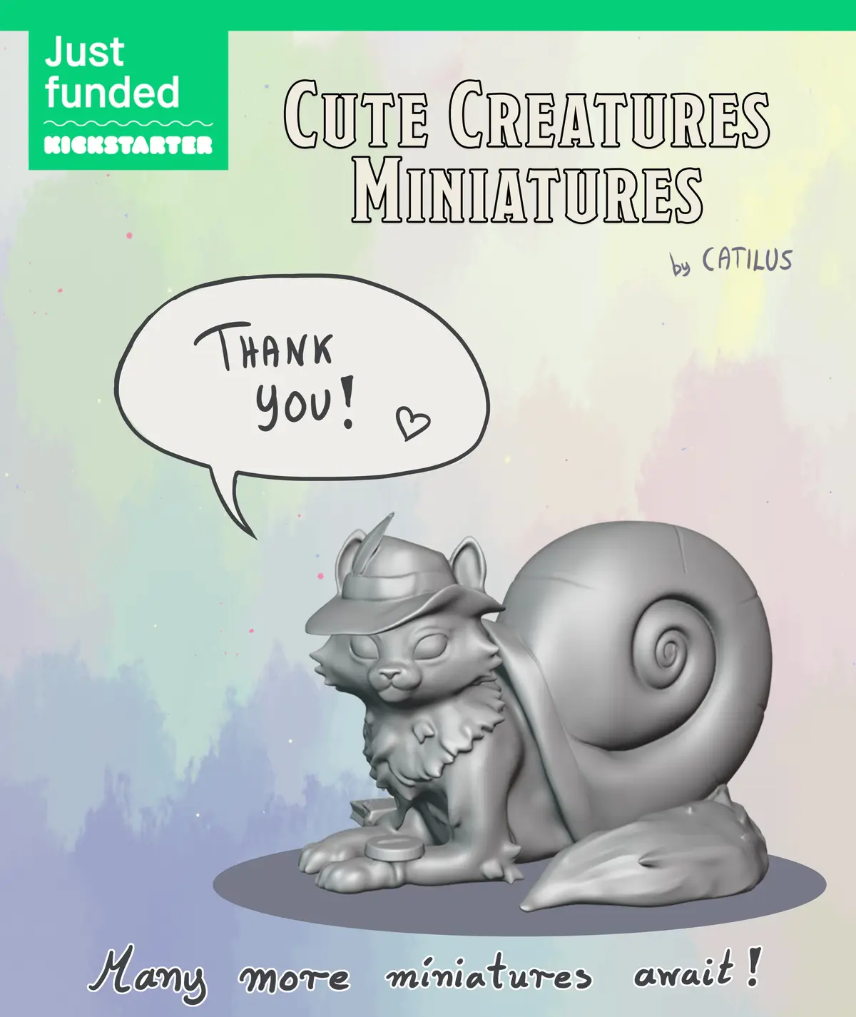 A gray 3D-printed miniature of a snail with a cat's head, wearing a detective hat and sitting on a rock, has a speech bubble…