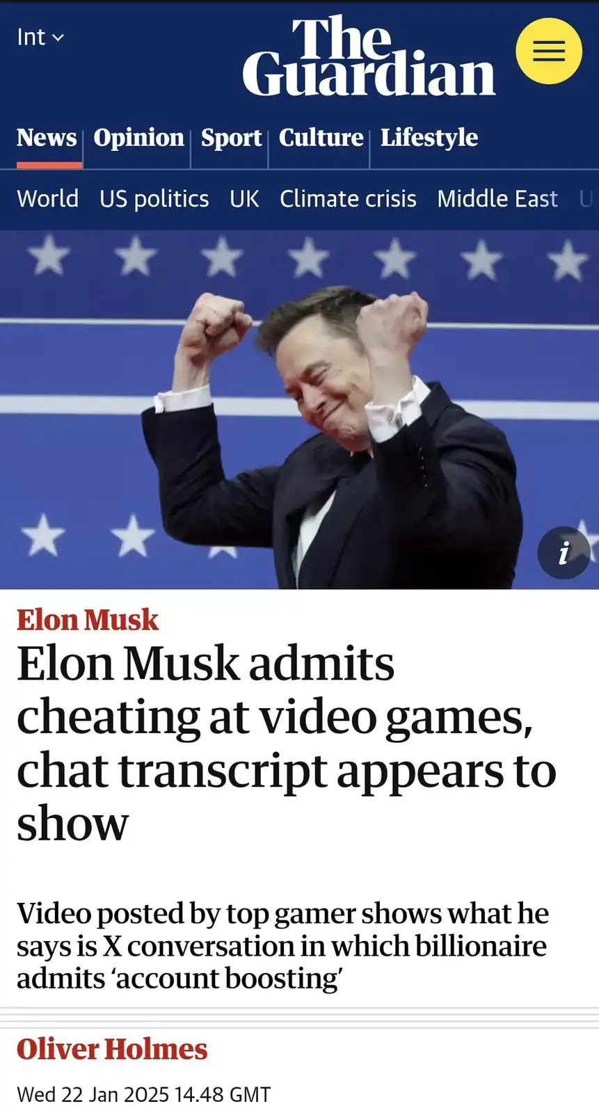 A screenshot of a The Guardian news article shows a photo of Elon Musk with his fists raised in celebration against a blue…