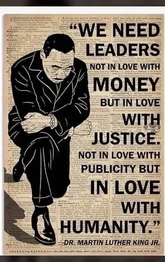 A black-and-white illustration of Dr. Martin Luther King Jr. in a suit, crouching with hands clasped, set against a…