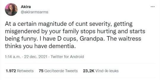 A screenshot of a tweet by user Akira (@akirarmsarms) from December 22, 2021, showing a humorous and self-deprecating…