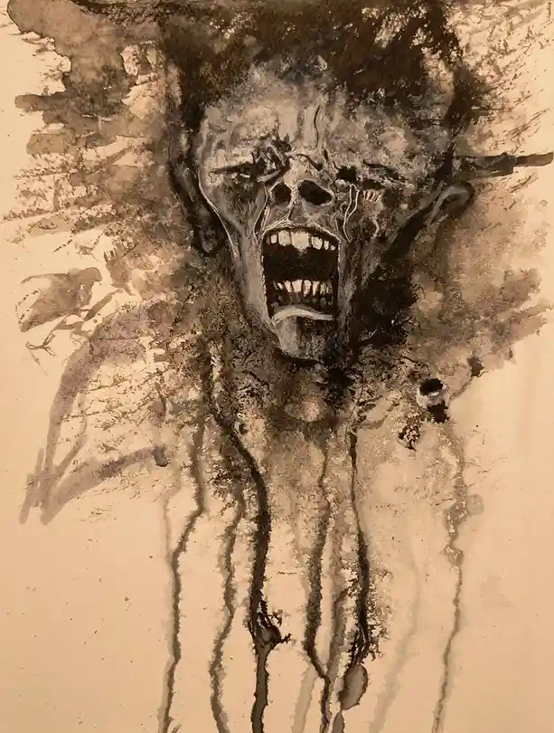 A sepia-toned, abstract painting depicts a screaming, skeletal human face with an open mouth showing teeth, surrounded by…