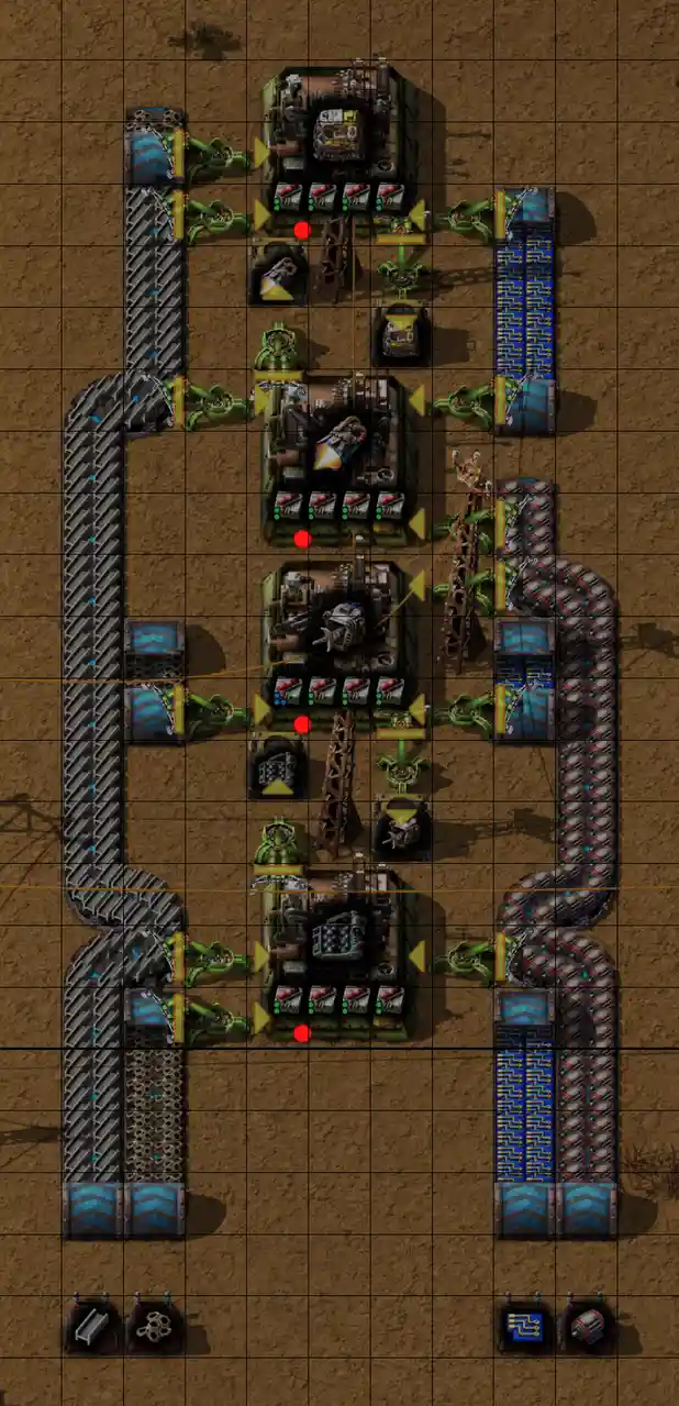 A top-down view of a complex factory layout from the game Factorio, showing interconnected machines, conveyor belts, and…