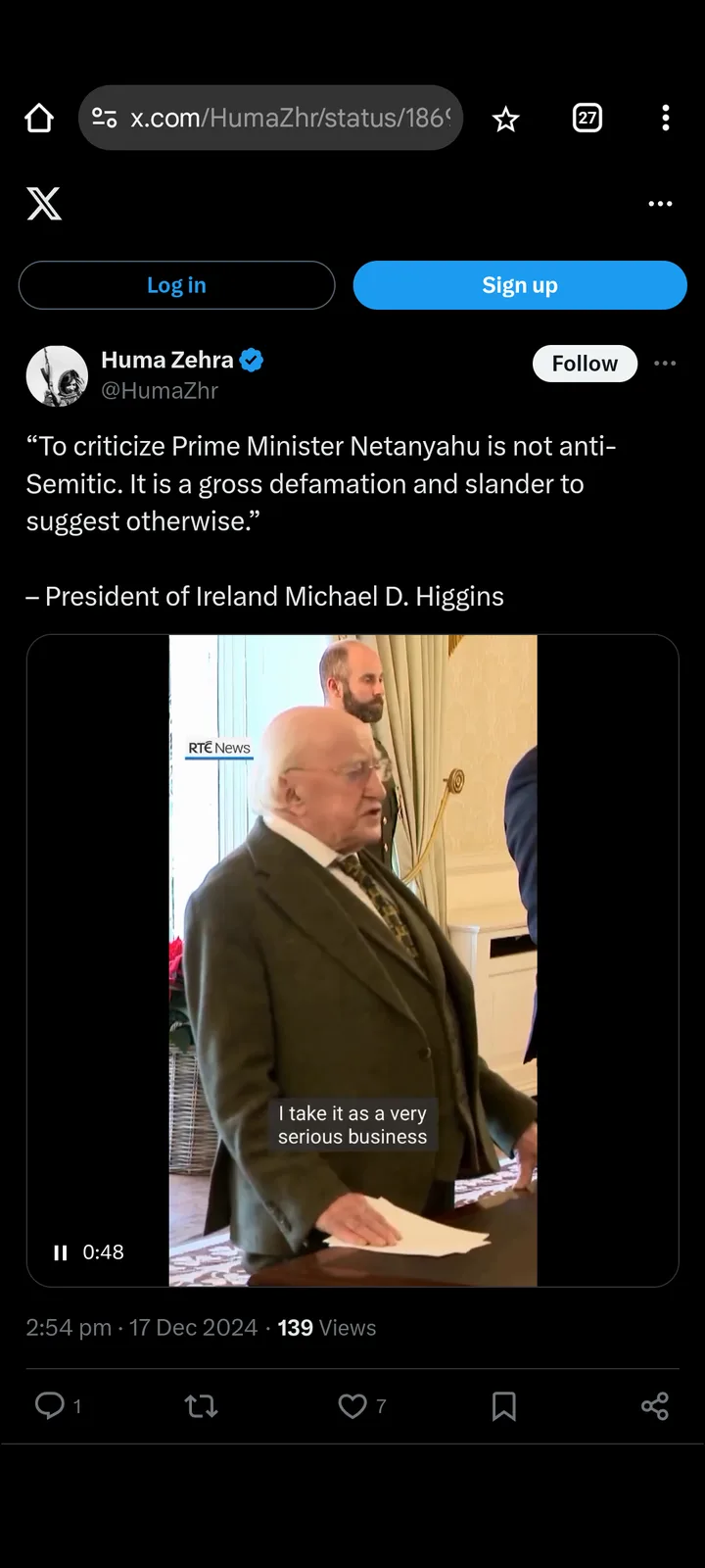 A screenshot of a tweet by Huma Zehra showing a video clip of Ireland's former President Michael D. Higgins. The video has a…