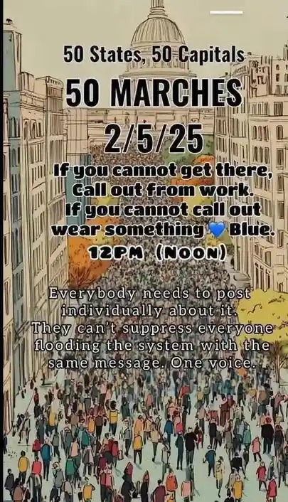 An illustrated image depicts a massive crowd of people marching down a city street toward a domed capitol building. Overlaid…