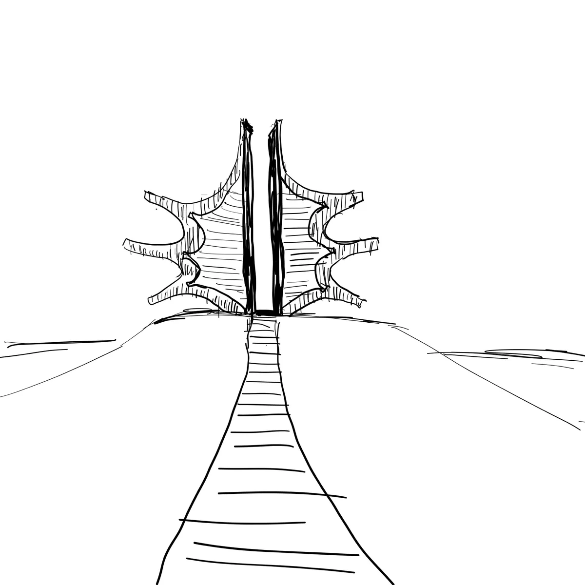 A simple black-and-white line drawing shows a path leading up to a large, symmetrical, abstract sculpture resembling a star…