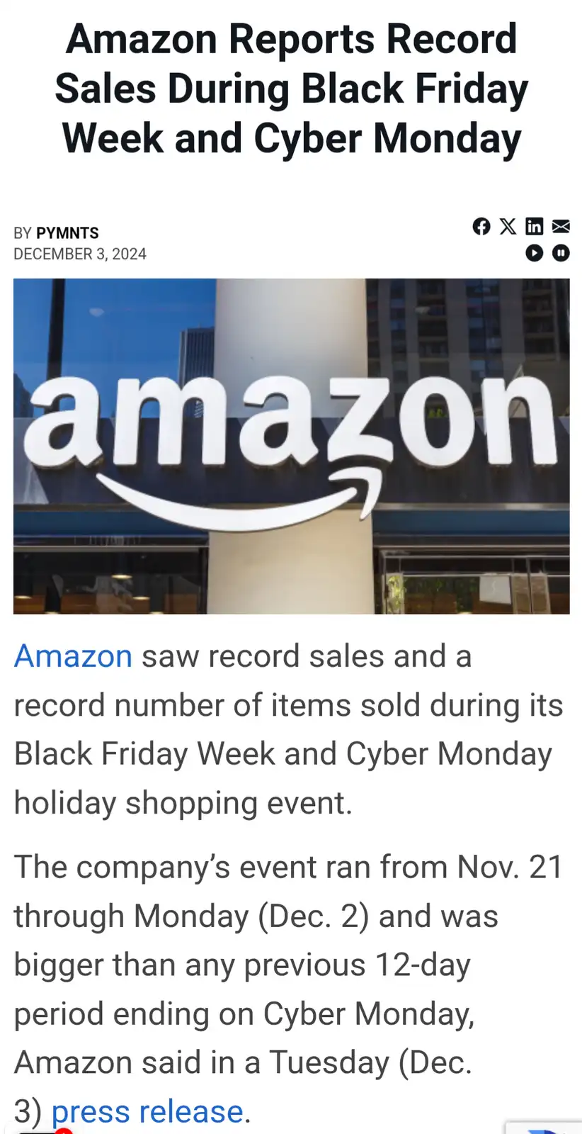 A screenshot of a news article from PYMNTS dated December 3, 2024, featuring a photo of the Amazon logo on a building. The…