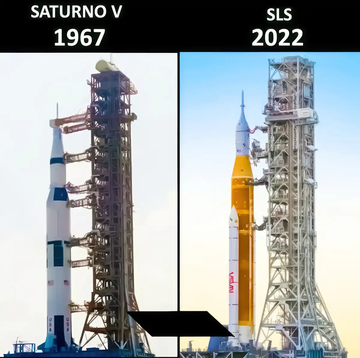 The image is split vertically, showing two rockets on launch pads. The left side displays a Saturn V rocket labeled 'SATURNO…