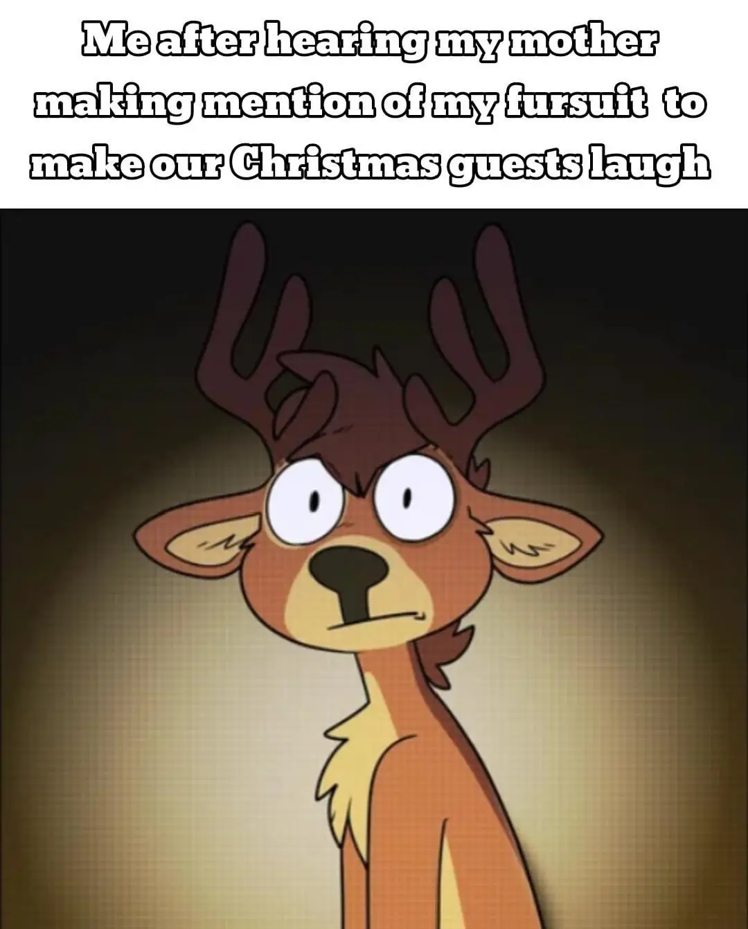 The image shows a cartoon deer with large, wide eyes and a slightly downturned mouth, looking shocked or embarrassed. The…
