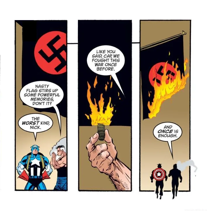 A three-panel comic strip shows Captain America and Nick Fury reacting to a Nazi flag. In the first panel, Fury comments on…