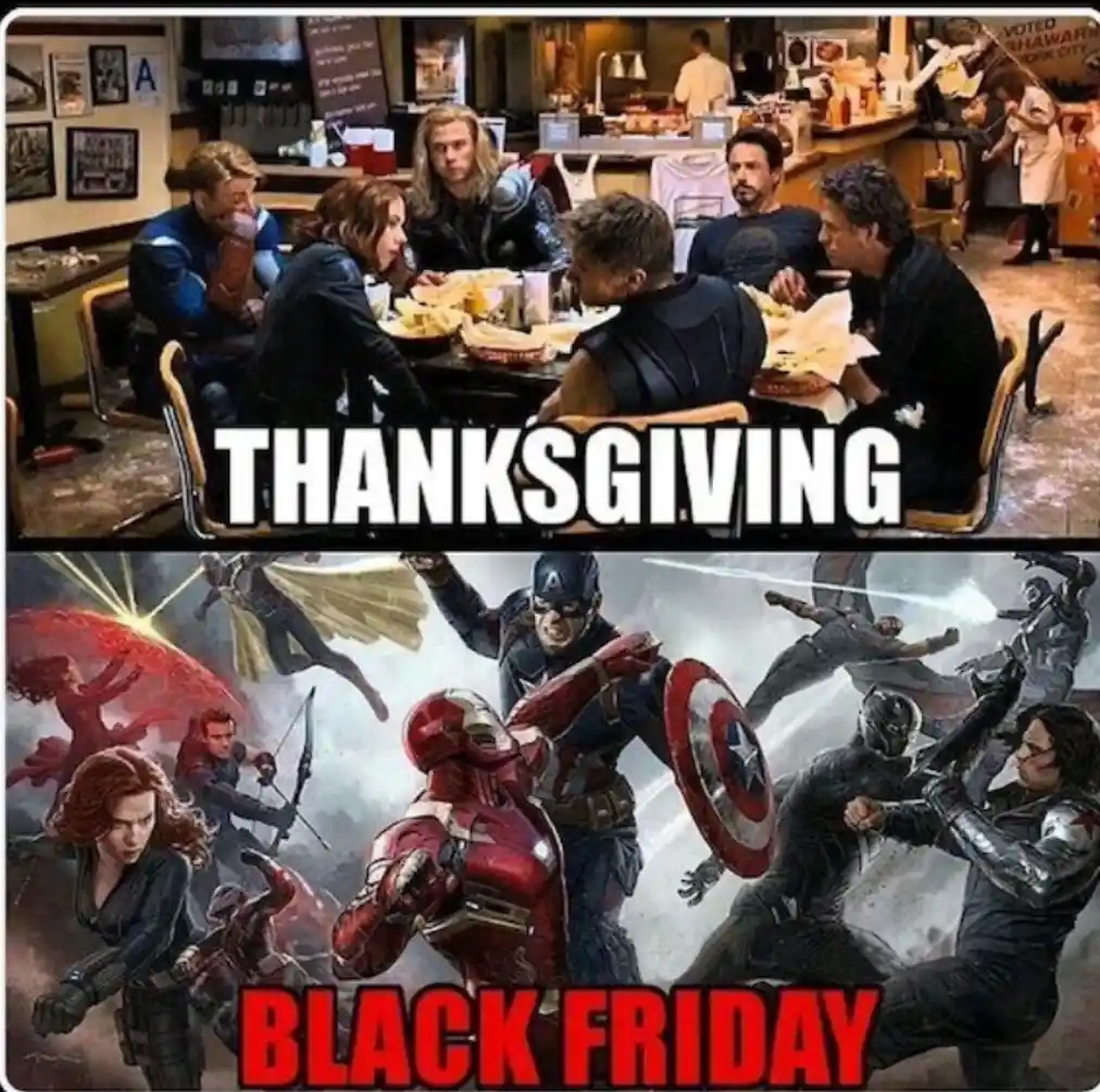 The top panel shows the Avengers casually dining together at a restaurant with the word 'THANKSGIVING' overlaid. The bottom…