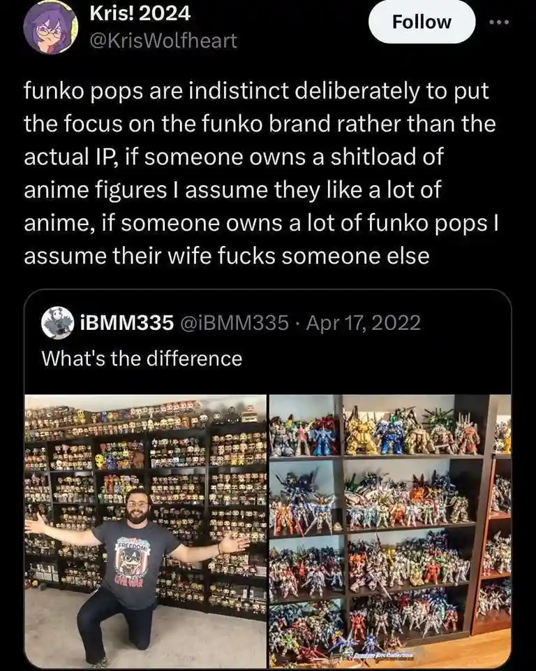 A split image shows a man kneeling in front of shelves packed with small, indistinct Funko Pop figures, and another image…