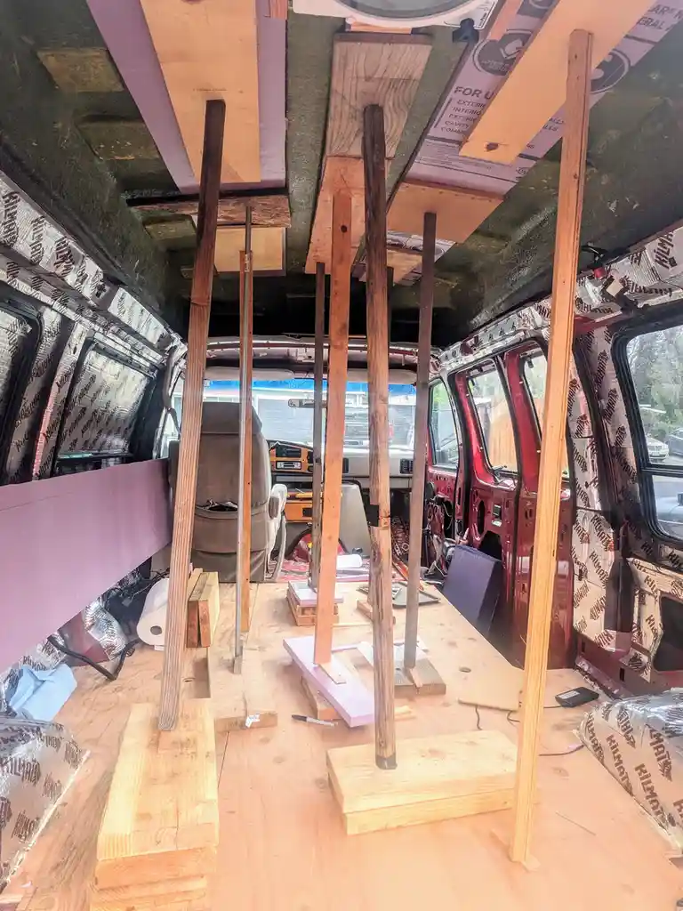 The image shows the interior of a van under construction, with wooden beams and supports standing upright on the floor…