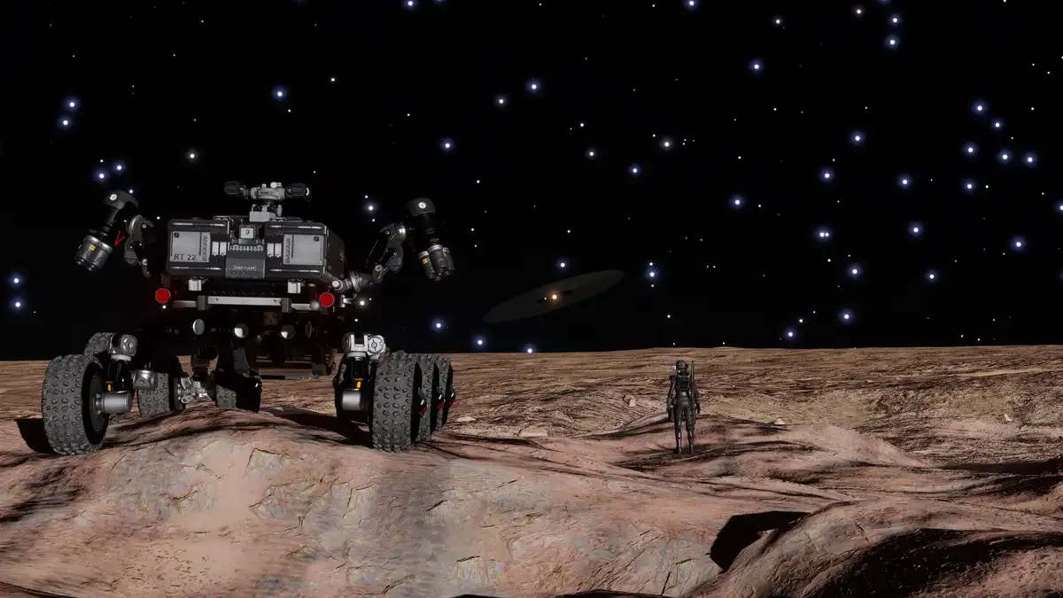A lone astronaut in a spacesuit stands on a barren, rocky planet under a starry sky, facing a large, complex robotic rover…